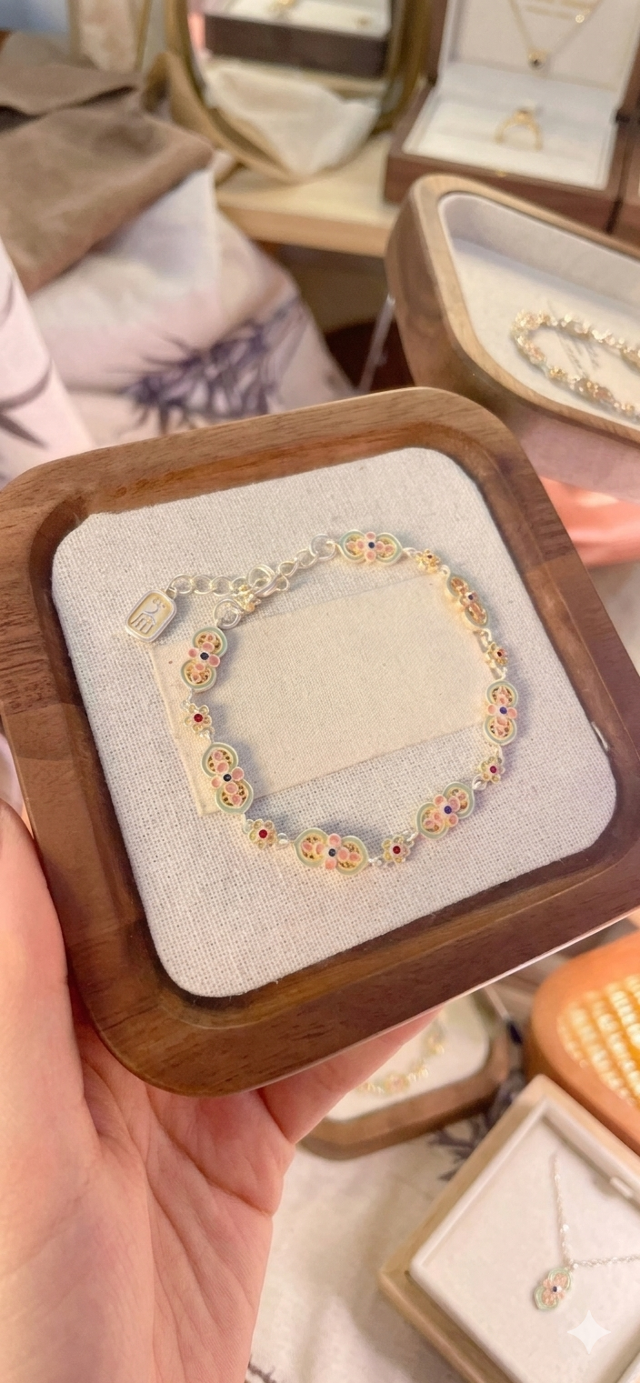 New Chinese Style 999 Fine Silver Bracelet,  Ruyi Design, Gilded Enamel Pure Silver Bracelet, Colorfast & Wealth Attracting Jewelry